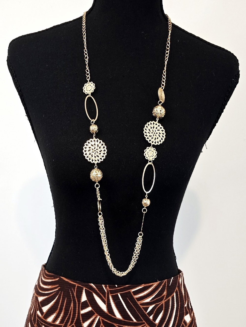 Gold Tone Long Statement Necklace Filigree Disc Chain Dangle Layered Boho